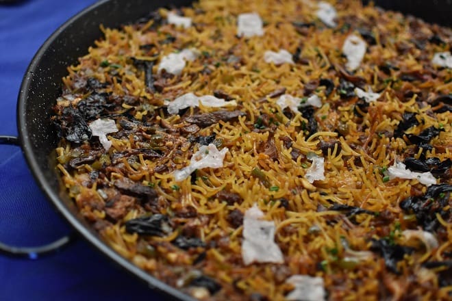 Noodles with oxtail mushrooms and bacon